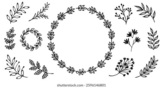 Hand drawn Botanical Wreath and elements vector