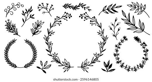 Hand drawn Botanical Wreath and elements vector