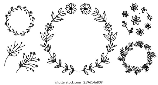 Hand drawn Botanical Wreath and elements vector