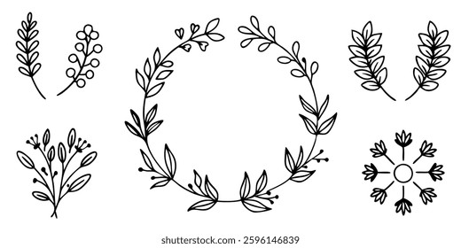 Hand drawn Botanical Wreath and elements vector