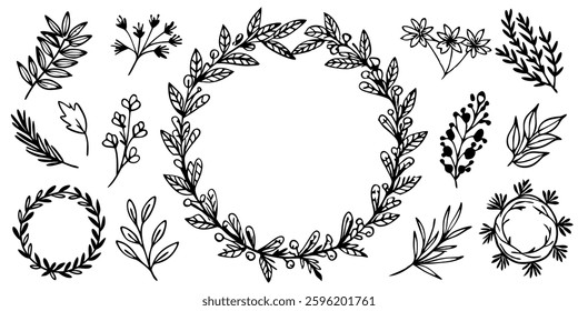 Hand drawn Botanical Wreath and elements vector