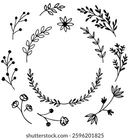 Hand drawn Botanical Wreath and elements vector
