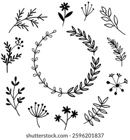 Hand drawn Botanical Wreath and elements vector