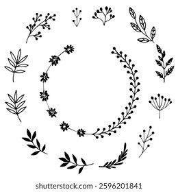 Hand drawn Botanical Wreath and elements vector