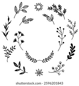 Hand drawn Botanical Wreath and elements vector