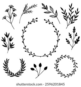 Hand drawn Botanical Wreath and elements vector