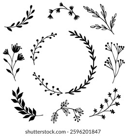 Hand drawn Botanical Wreath and elements vector