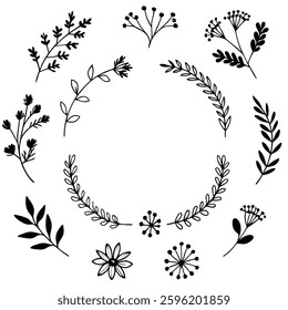 Hand drawn Botanical Wreath and elements vector