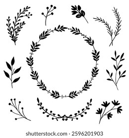 Hand drawn Botanical Wreath and elements vector