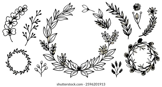 Hand drawn Botanical Wreath and elements vector