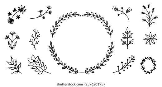Hand drawn Botanical Wreath and elements vector