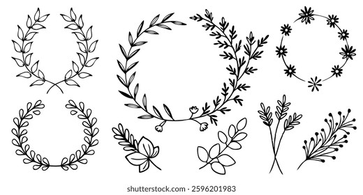 Hand drawn Botanical Wreath and elements vector