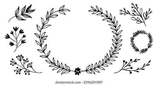 Hand drawn Botanical Wreath and elements vector