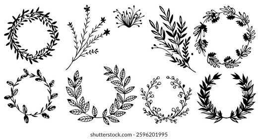 Hand drawn Botanical Wreath and elements vector