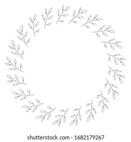 Hand drawn botanical wreath frame isolated on white background. Doodle style ilustration. Cute elements for decoration greeting cards, wedding invitations, banners, logotypes, printed materials.
