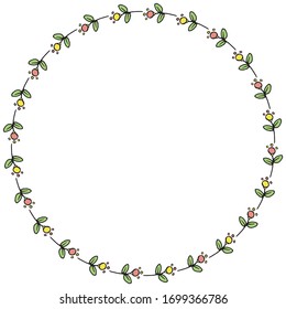 Hand drawn botanical wreath frame isolated on white background. Doodle style ilustration. Cute elements for decoration greeting cards, wedding invitations, banners, logotypes, printed materials.

