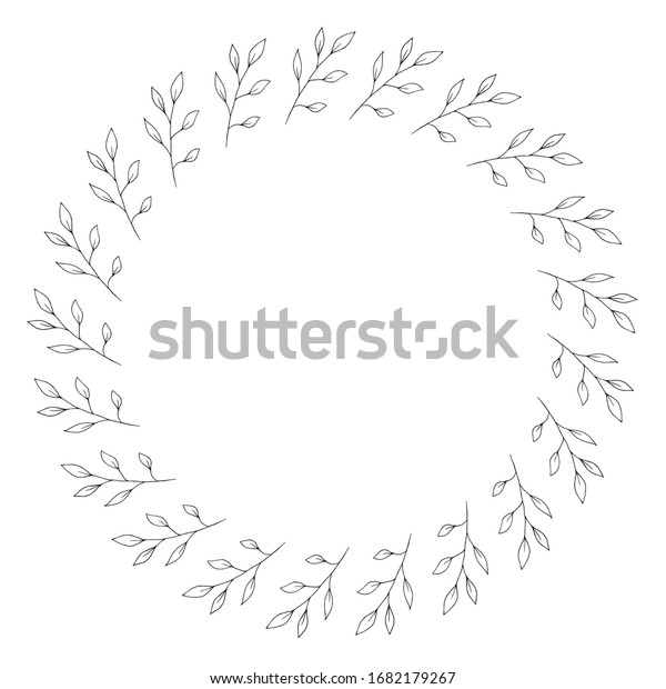 Hand drawn botanical wreath frame isolated\
on white background. Doodle style ilustration. Cute elements for\
decoration greeting cards, wedding invitations, banners, logotypes,\
printed materials.\
