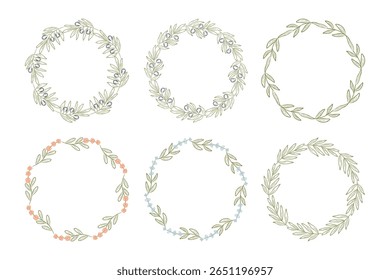 Hand getrokken botanische krans frames set met olijftakken, bloemen. Elegante pastel bloemenvector border collectie voor bruiloft uitnodigingen, verpakking, wenskaarten, decoratie.
