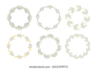 Handgetekende botanische kranslijsten bezet met kruiden, olijven, bloemen, bladeren. Vector randen in schets stijl voor bruiloft uitnodigingen, verpakking, logo's, kaarten, en seizoensgebonden decor.