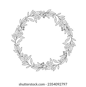 Hand drawn botanical wreath line art vector illustration isolated on white background. Circle frame with leaves and flowers in black ink sketch style. Elegant decorative design element svg