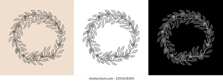 Hand drawn botanical wreath line art vector illustration isolated on white, beige background. Circle frame with leaves and flowers in black ink sketch style. Elegant decorative design element svg