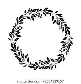 Hand drawn botanical wreath silhouette vector illustration isolated on white background. Circle frame with leaves and flowers black monochrome drawing. Elegant decorative design element svg