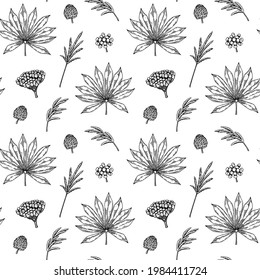 Hand drawn botany seamless pattern with palm leaves. Vector illustration in sketch style
