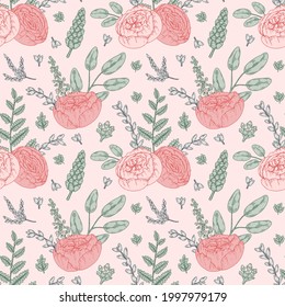 Hand drawn botany seamless pattern with pink gentle flowers. Vector illustration