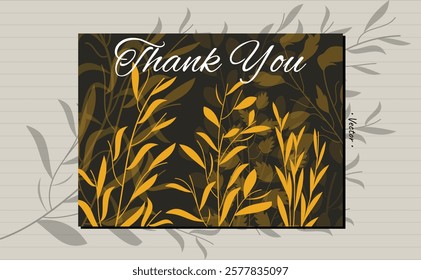 Hand drawn botany thank you card gold black colors design.