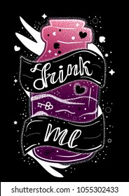 Hand drawn bottle from Alice in wonderland tale with ribbon and quote "drink me". Tattoo style with double exposure effect.