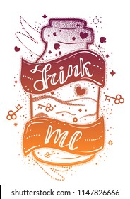 Hand drawn bottle from Alice in wonderland tale with ribbon and quote "drink me". Tattoo style with double exposure effect.