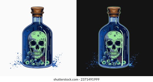 Hand drawn bottle of blue poison with human skull, eyeballs, mushrooms inside. Halloween creepy illustration in vintage style.  Hand drawn, not AI