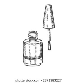 Hand drawn bottle and brush of gel polish, nail polish in sketch style. engraving cosmetics. Vector makeup illustration 