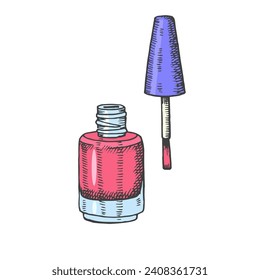 Hand drawn bottle and brush of gel polish, nail polish in sketch style. engraving cosmetics. Vector makeup illustration 
