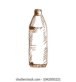 Hand drawn bottle with cap, container for body lotion, shampoo, milk for skin care.  Sketched mock-up of cosmetic package.