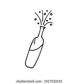 Hand drawn bottle of champagne or vine for date, New Year, Xmas, or Valentine's day, marriage proposal. For greeting cards and seasonal design. Doodle vector illustration isolated on white background.