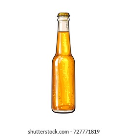 Hand drawn bottle of cold beer, colorful sketch style vector illustration isolated on white background. Hand drawn bottle of ice cold beer, lager, ale, Oktoberfest symbol
