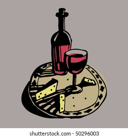 Hand drawn bottle, dish, cheese and glass done in woodcut style.