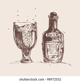 hand drawn Bottle and glass