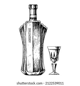 Hand drawn bottle and glass of absinthe. Vector beverage illustration, ink sketch