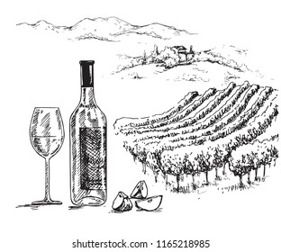 Hand drawn bottle and glass of wine on rural scene background with vineyard. Monochrome rustic landscape illustration. Vector sketch.