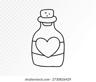 Handgezeichnete Flasche mit Herzetikett, romantische Liebestrank-Doodle-Illustration in schlichtem schwarzem Umriss für Valentinskarten, Aufkleber und niedliche dekorative Designs. Vektorgrafik.