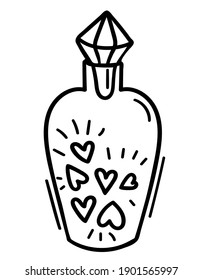 Hand drawn bottle with hearts in doodle style. Cartoon elegant glass bottle with hearts inside. Keep love. Magic love elixir. Black contours isolated on a white background. Vector stock illustration.