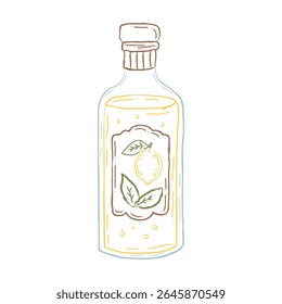 Hand drawn bottle of Italian lemon liqueur with label. Mediterranean vintage sketch illustration of limoncello for kitchen decor, restaurant menu design, packaging, drink branding, food projects.
