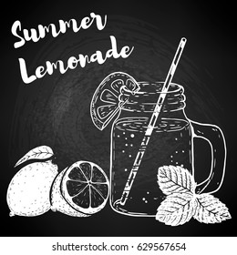 Hand drawn bottle with lemonade, lemons and mint leaves. Design elements for poster, menu, flyer. Vector illustration.