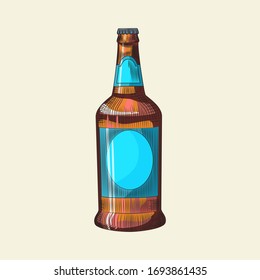 Botella extraída a mano de cerveza ligera aislada sobre fondo claro. Plantilla para botellas de cerveza de artesanía. Estilo vintage grabado. Para menú de pub, tarjetas, carteles, impresiones, empaque. Ilustración del vector