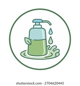 Botella de jabón líquido dibujado a mano con un dispensador de bomba y un detalle de hoja, encerrado en un círculo verde. Ideal para ilustrar productos de higiene, cuidado de la piel o limpieza natural.	