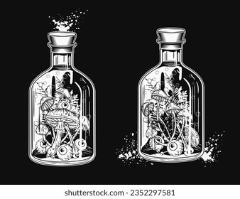 Hand drawn bottle of magic poison, potion with eyeballs, mushrooms, grass inside. Monochrome halloween creepy illustration in vintage style on black background.