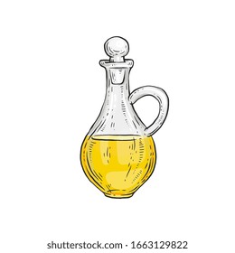 Hand drawn bottle of olive oil. Bottle of organic oil for cooking. Sketch vector illustration, organic food concept.