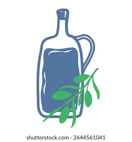 Hand drawn bottle olive oil in doodle style. Mediterranean summer сoastal element for italian menu, wedding, print, invitation. Ink sketch olive design of Amalfi beach. Flat minimal vector illustratio
